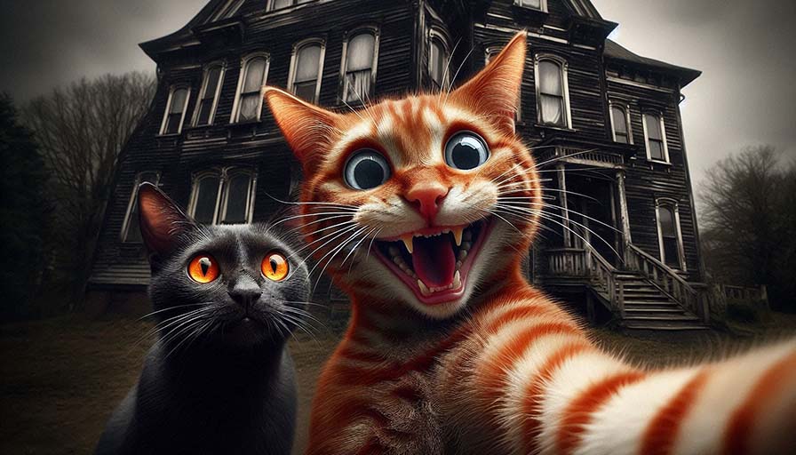 a red tabby and black cat stand in front of an old decrepit mansion